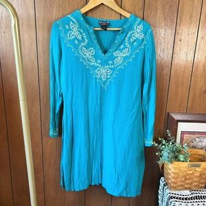 Vintage 90's Vision First by Sairin Turquoise Embroidered Sequined Tunic Size M‎